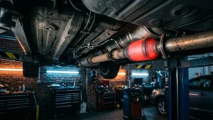 Vista inferior de um sistema de exaustão automotivo com foco no catalisador em um ambiente de oficina mecânica moderna.