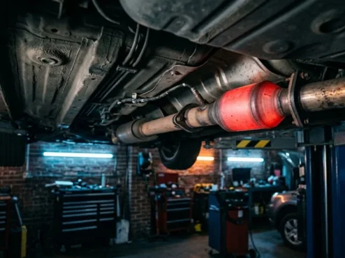 Vista inferior de um sistema de exaustão automotivo com foco no catalisador em um ambiente de oficina mecânica moderna.