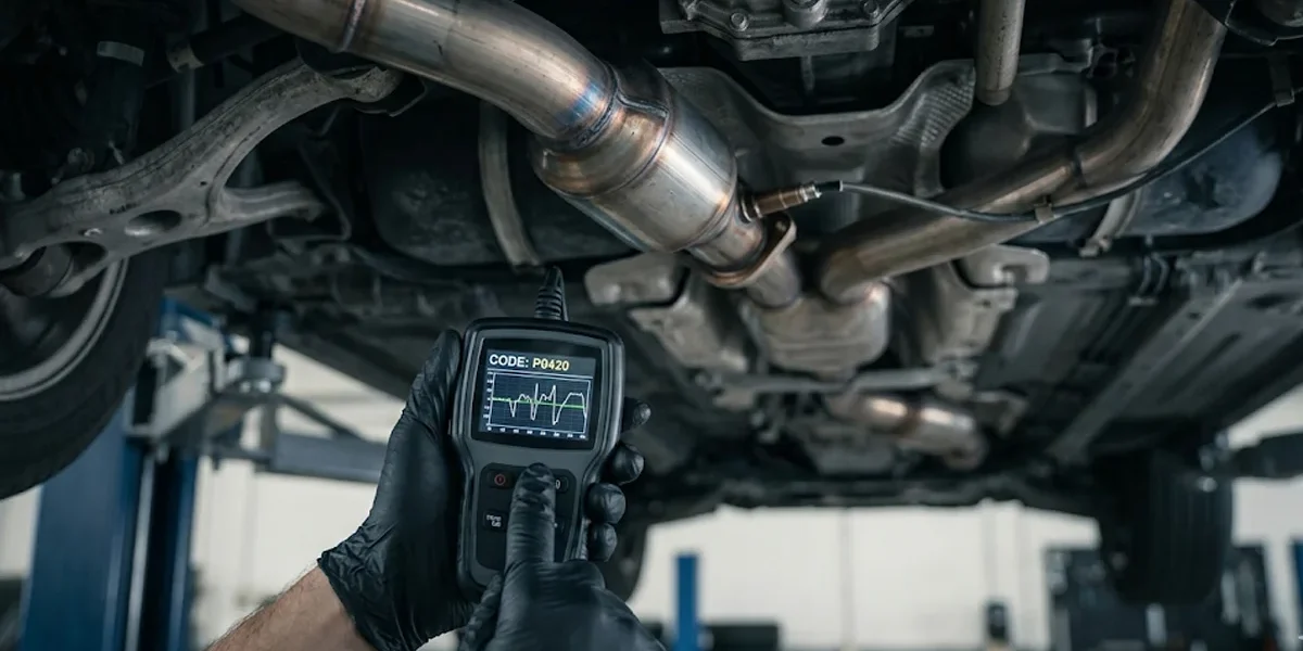 Mecânico utilizando scanner OBD2 para diagnosticar o código de erro P0420 no sistema de exaustão de um carro.