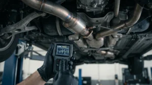 Mecânico utilizando scanner OBD2 para diagnosticar o código de erro P0420 no sistema de exaustão de um carro.