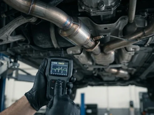 Mecânico utilizando scanner OBD2 para diagnosticar o código de erro P0420 no sistema de exaustão de um carro.