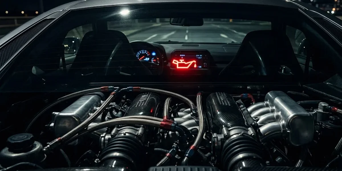 Interior de carro com foco na luz de óleo vermelha acesa no painel, indicando perigo imediato no motor.