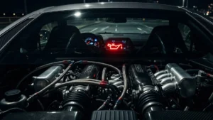 Interior de carro com foco na luz de óleo vermelha acesa no painel, indicando perigo imediato no motor.