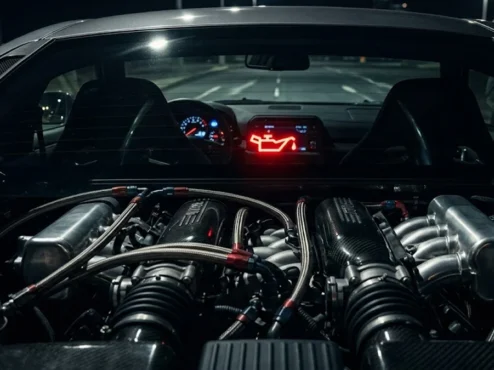 Interior de carro com foco na luz de óleo vermelha acesa no painel, indicando perigo imediato no motor.