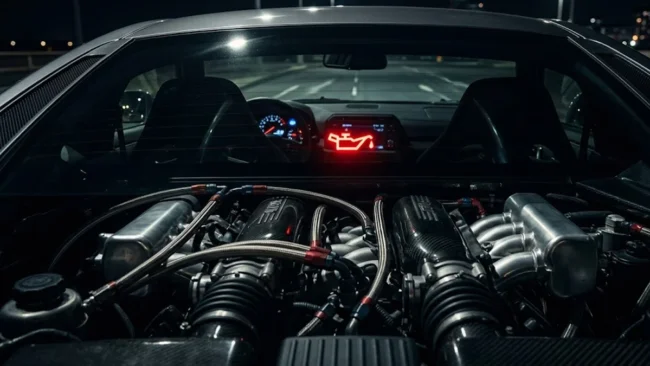 Interior de carro com foco na luz de óleo vermelha acesa no painel, indicando perigo imediato no motor.