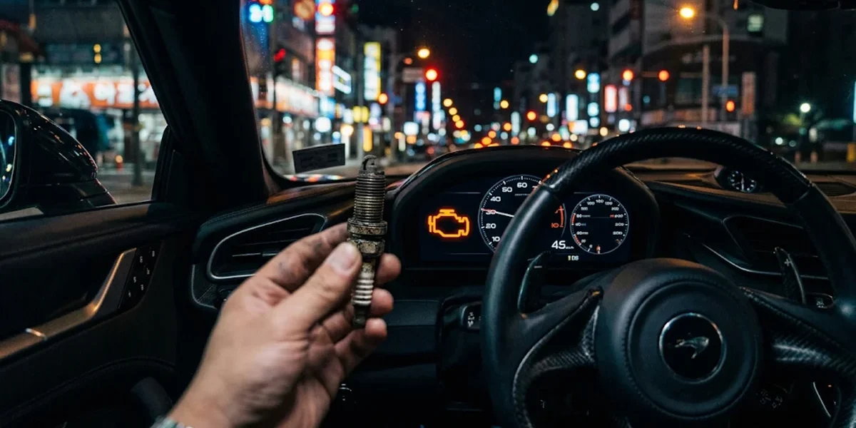 Foto em close de luz de injeção acesa no painel de um carro com uma vela de ignição desgastada em destaque.