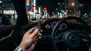 Foto em close de luz de injeção acesa no painel de um carro com uma vela de ignição desgastada em destaque.