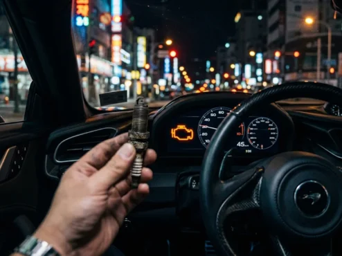 Foto em close de luz de injeção acesa no painel de um carro com uma vela de ignição desgastada em destaque.
