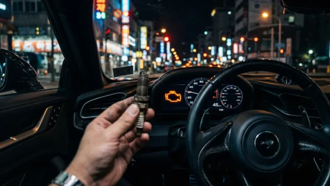 Foto em close de luz de injeção acesa no painel de um carro com uma vela de ignição desgastada em destaque.