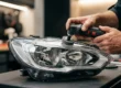 Especialista realizando polimento técnico em farol automotivo para restaurar a transparência e evitar infrações de trânsito.