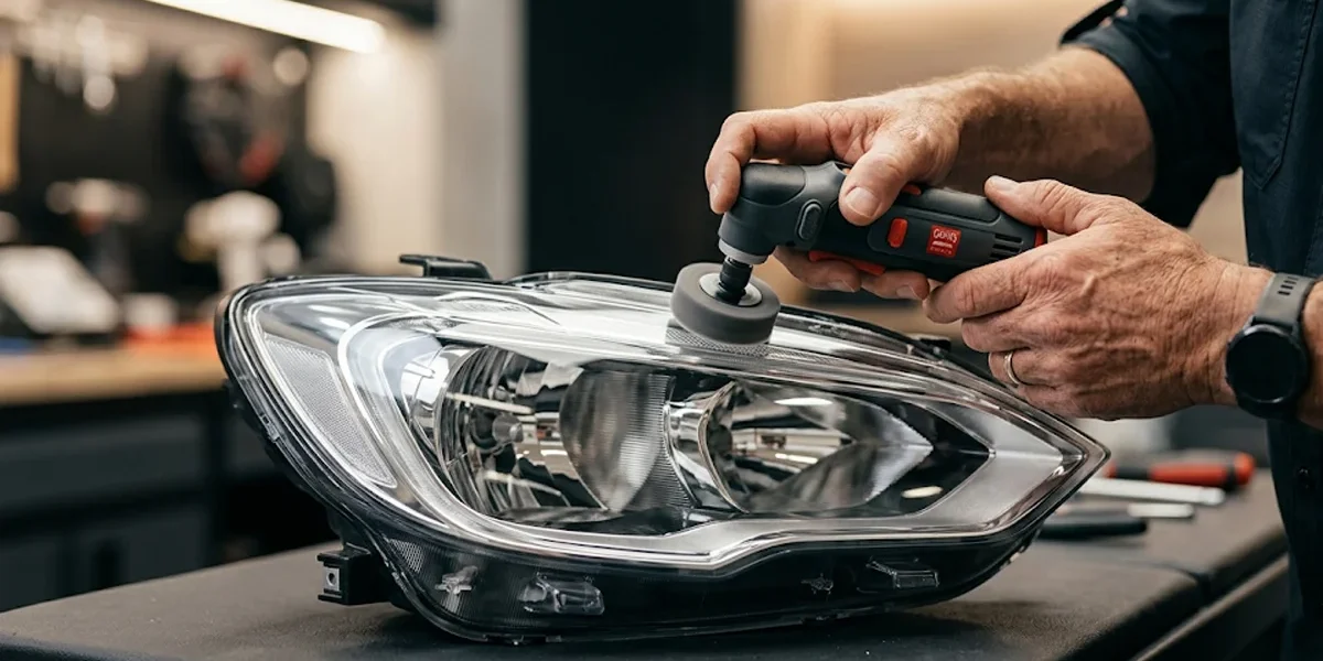 Especialista realizando polimento técnico em farol automotivo para restaurar a transparência e evitar infrações de trânsito.