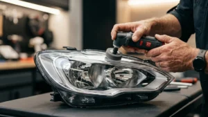 Especialista realizando polimento técnico em farol automotivo para restaurar a transparência e evitar infrações de trânsito.