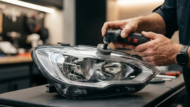 Especialista realizando polimento técnico em farol automotivo para restaurar a transparência e evitar infrações de trânsito.