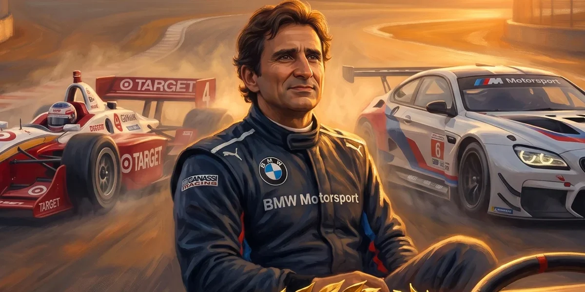 Ilustração artística em homenagem a Alessandro Zanardi, destacando seus carros de corrida e o legado na velocidade.
