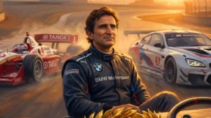 Ilustração artística em homenagem a Alessandro Zanardi, destacando seus carros de corrida e o legado na velocidade.