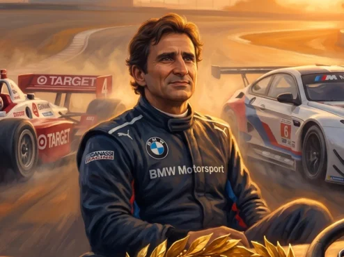 Ilustração artística em homenagem a Alessandro Zanardi, destacando seus carros de corrida e o legado na velocidade.