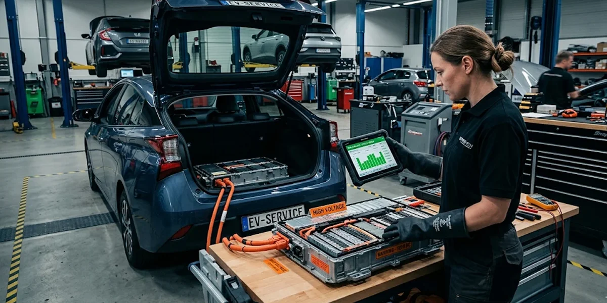 Mecânico com luvas de proteção inspecionando módulos elétricos da bateria de tração de um carro híbrido em uma oficina especializada.