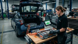 Mecânico com luvas de proteção inspecionando módulos elétricos da bateria de tração de um carro híbrido em uma oficina especializada.