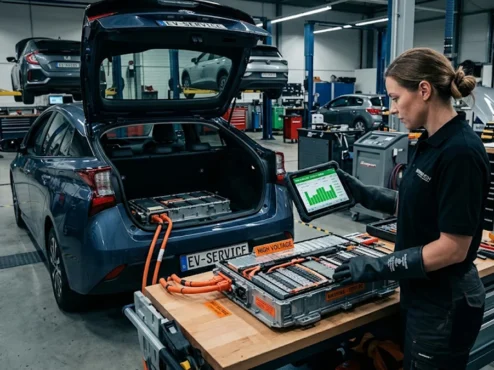 inspecao-tecnica-bateria-carro-hibrido-usado Mecânico com luvas de proteção inspecionando módulos elétricos da bateria de tração de um carro híbrido em uma oficina especializada.