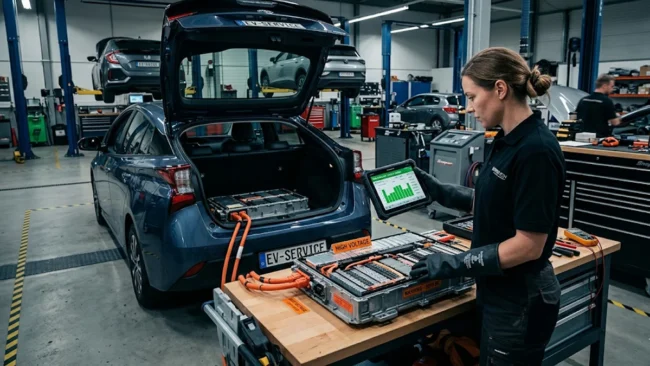 Mecânico com luvas de proteção inspecionando módulos elétricos da bateria de tração de um carro híbrido em uma oficina especializada.