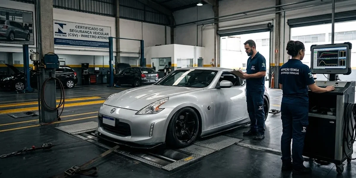 Carro modificado passando por inspeção técnica em uma linha de certificação para obtenção do CSV.