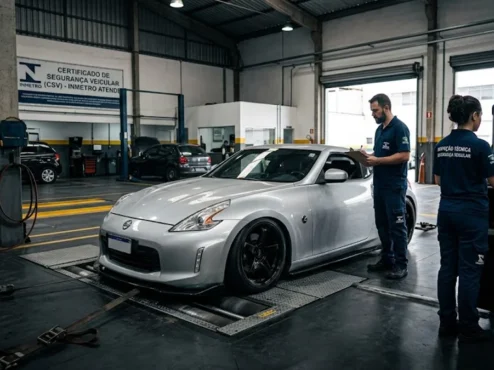 Carro modificado passando por inspeção técnica em uma linha de certificação para obtenção do CSV.