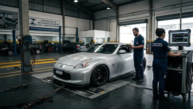 Carro modificado passando por inspeção técnica em uma linha de certificação para obtenção do CSV.