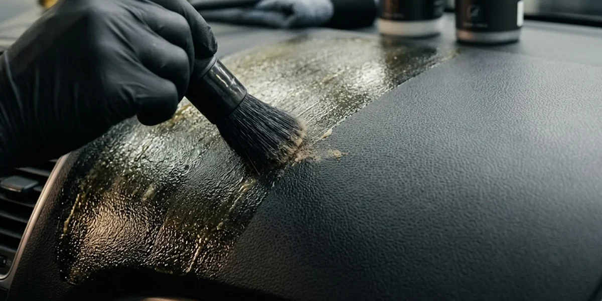 Detalhador automotivo removendo resíduo brilhante de silicone de um painel texturizado com pincel macio.