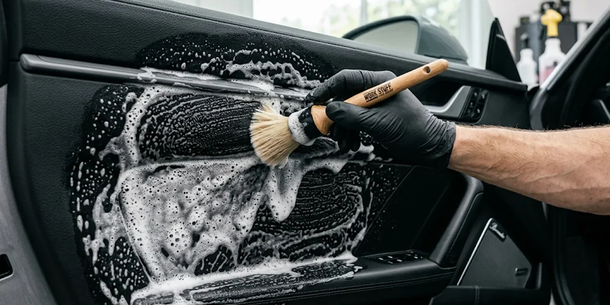 Detalhador automotivo utilizando pincel macio de detalhamento e espuma de APC automotivo para limpar profundamente o painel de plástico texturizado de um veículo.