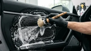Detalhador automotivo utilizando pincel macio de detalhamento e espuma de APC automotivo para limpar profundamente o painel de plástico texturizado de um veículo.
