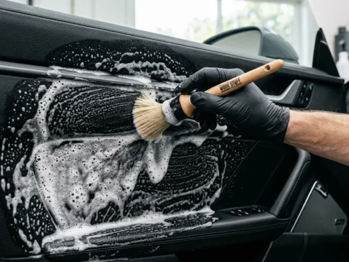 limpeza-painel-carro-apc-automotivo-pincel-detalhamento Detalhador automotivo utilizando pincel macio de detalhamento e espuma de APC automotivo para limpar profundamente o painel de plástico texturizado de um veículo.