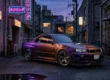 Nissan Skyline GT-R R34 exibindo a rara pintura Midnight Purple sob iluminação noturna, destacando a variação de tons reflexivos.