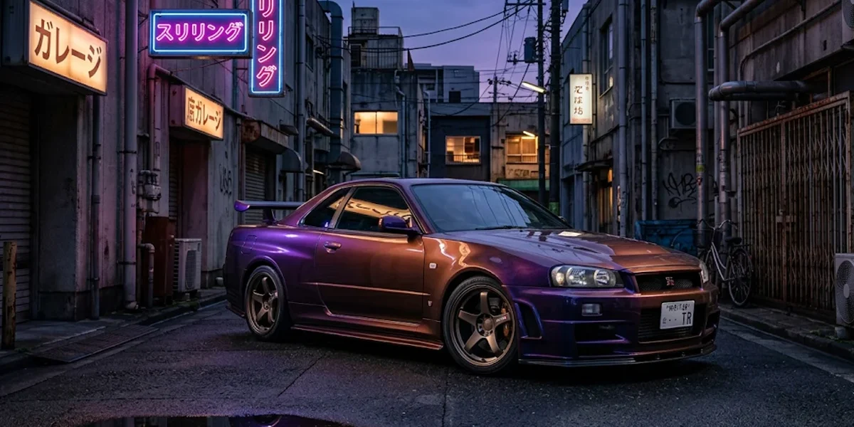 nissan-skyline-gtr-r34-midnight-purple-jdm-cultura Nissan Skyline GT-R R34 exibindo a rara pintura Midnight Purple sob iluminação noturna, destacando a variação de tons reflexivos.