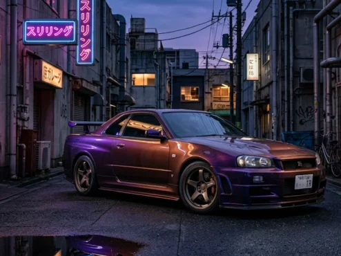 nissan-skyline-gtr-r34-midnight-purple-jdm-cultura Nissan Skyline GT-R R34 exibindo a rara pintura Midnight Purple sob iluminação noturna, destacando a variação de tons reflexivos.