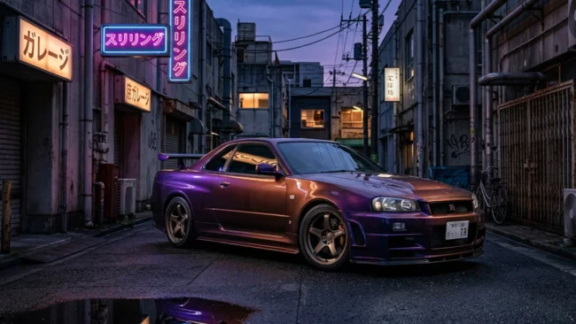 Nissan Skyline GT-R R34 exibindo a rara pintura Midnight Purple sob iluminação noturna, destacando a variação de tons reflexivos.
