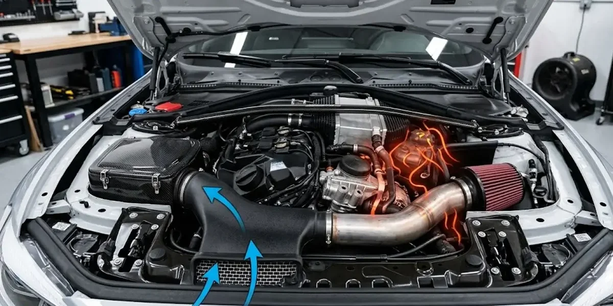 Infográfico comparativo mostrando um sistema de intake direcionado isolado do calor versus um filtro cônico simples exposto no motor.