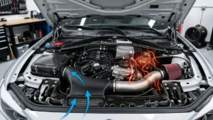 Infográfico comparativo mostrando um sistema de intake direcionado isolado do calor versus um filtro cônico simples exposto no motor.
