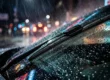 Paleta de limpador de parabrisa do tipo flat blade operando sob chuva forte com gotas de água esféricas no vidro.
