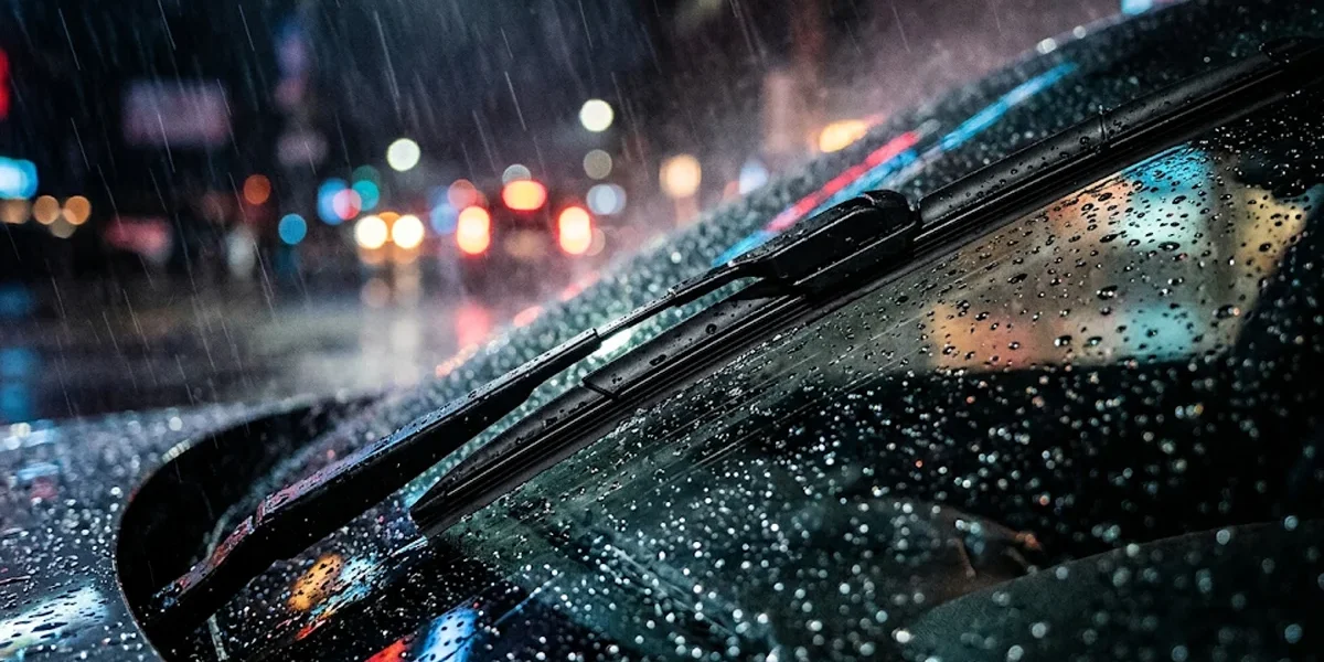 Paleta de limpador de parabrisa do tipo flat blade operando sob chuva forte com gotas de água esféricas no vidro.