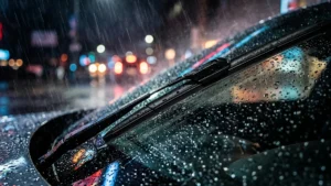 Paleta de limpador de parabrisa do tipo flat blade operando sob chuva forte com gotas de água esféricas no vidro.