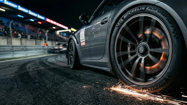 Detalhe de pneu esportivo em alta velocidade em pista de corrida à noite, evidenciando o estresse térmico do composto de borracha.