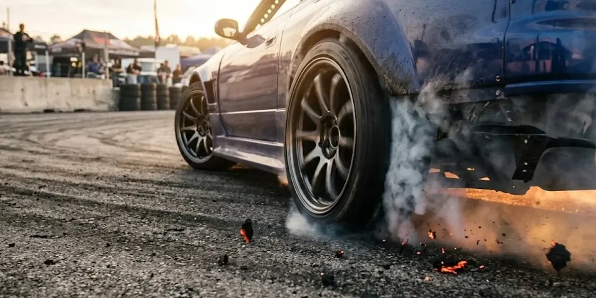 Pneu traseiro de um carro de drift girando em alta velocidade e gerando fumaça densa em curva de pista asfáltica.