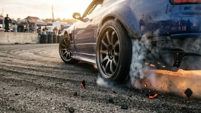 Pneu traseiro de um carro de drift girando em alta velocidade e gerando fumaça densa em curva de pista asfáltica.