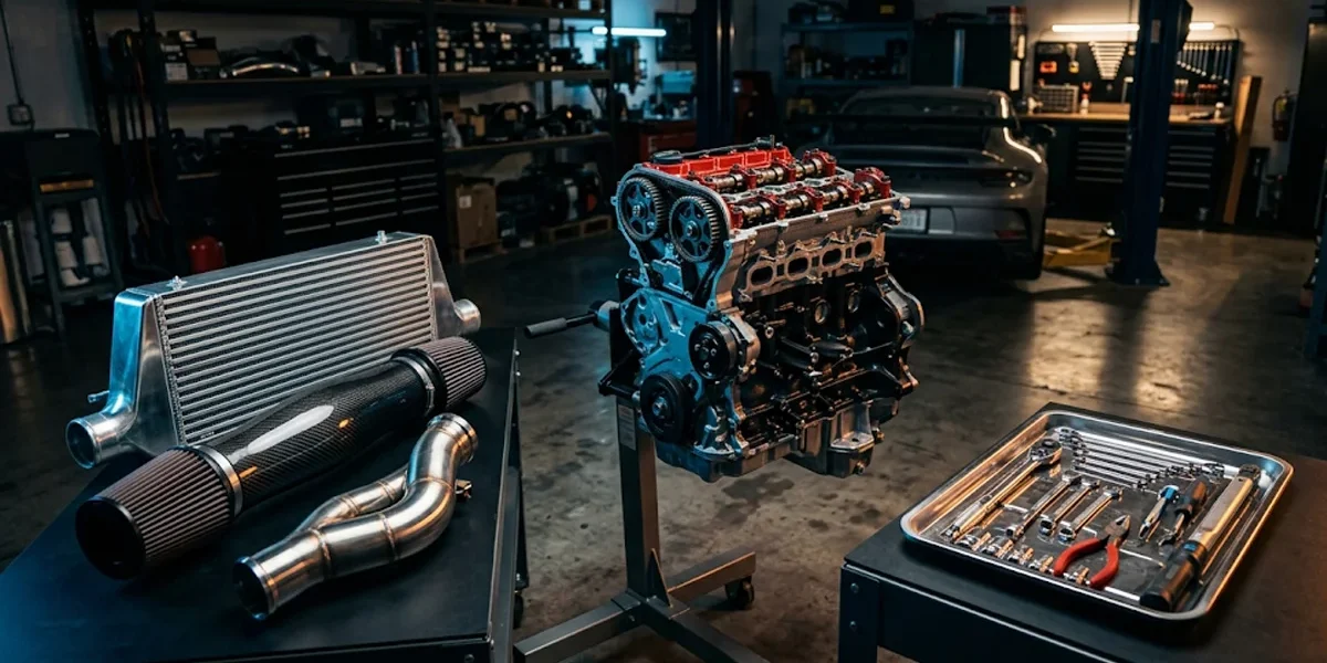 Componentes mecânicos de alta performance para preparação de motores, destacando turbocompressor, intake e ferramentas em oficina.