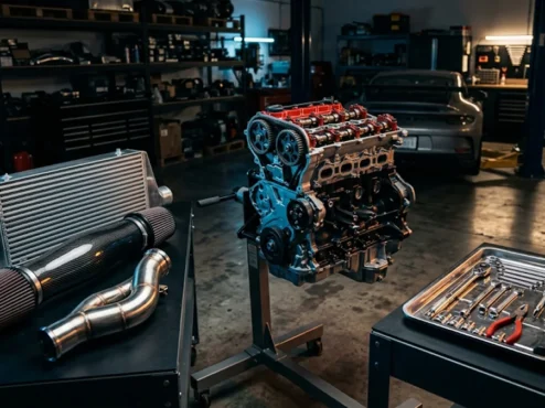 preparacao-motores-estagios-hardware-performance Componentes mecânicos de alta performance para preparação de motores, destacando turbocompressor, intake e ferramentas em oficina.