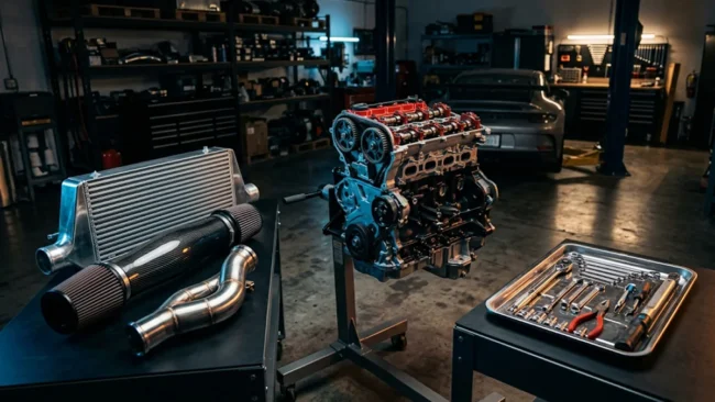 Componentes mecânicos de alta performance para preparação de motores, destacando turbocompressor, intake e ferramentas em oficina.