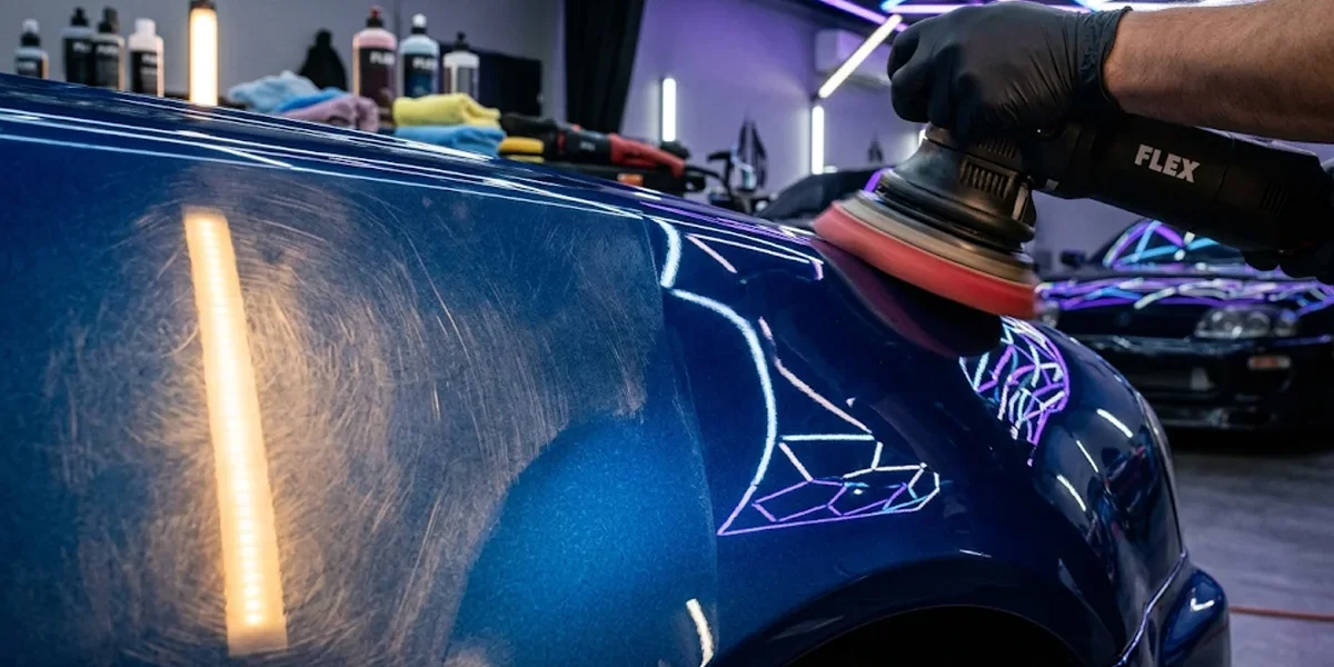 Polimento técnico profissional em para-lama de carro esportivo azul metálico com politriz orbital em estúdio de detalhamento.
