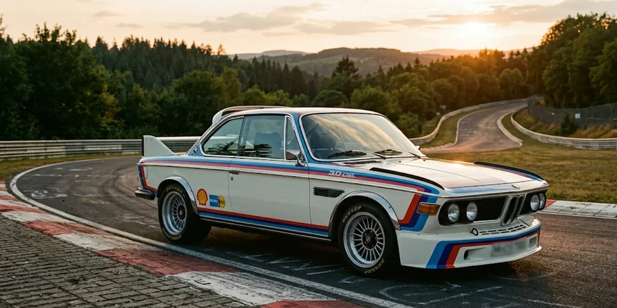 BMW 3.0 CSL Batmobile branco com faixas de corrida estacionado em curva de pista de circuito histórico ao pôr do sol.