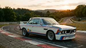BMW 3.0 CSL Batmobile branco com faixas de corrida estacionado em curva de pista de circuito histórico ao pôr do sol.