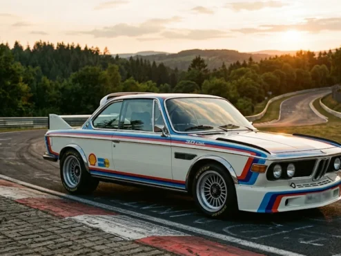 bmw-30-csl-batmobile-classico-pista BMW 3.0 CSL Batmobile branco com faixas de corrida estacionado em curva de pista de circuito histórico ao pôr do sol.